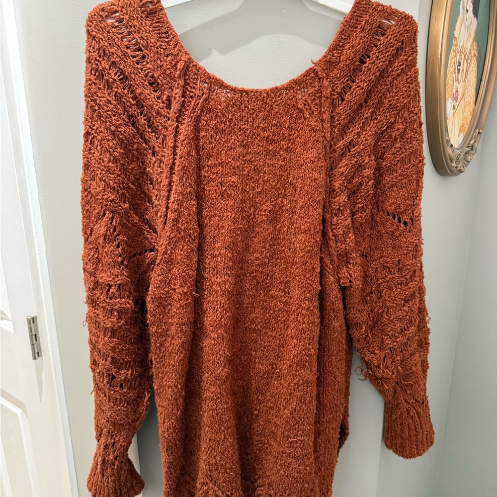 Anthropologie Pilcro Luna Pointelle Tunic Rust Off-Shoulder Sweater-Lg - Picture 9 of 9